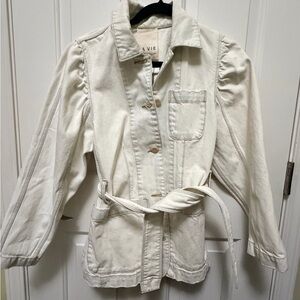 La Vie Rebecca Taylor Ecru Denim Utility Jacket Women’s M – Belted Button Front